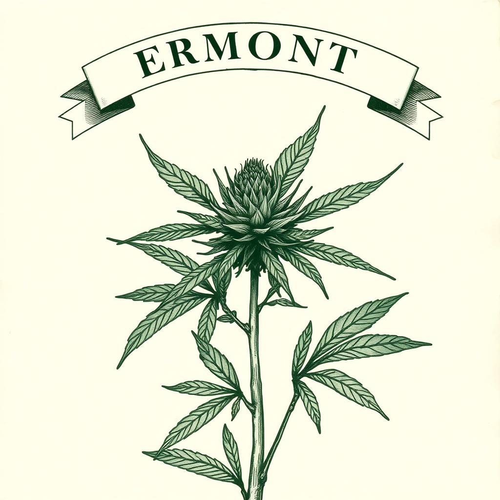 Detailed botanical illustration of a cannabis plant with a banner reading "ERMONT" in a vintage, engraved style, set against a parchment cream background.