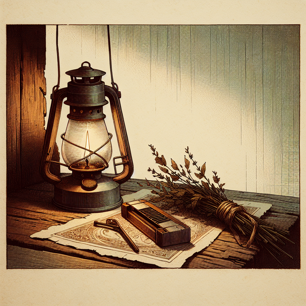 A vintage-style illustration of a lit oil lantern, a harmonica, and a bundle of dried herbs resting on a wooden table with a map.