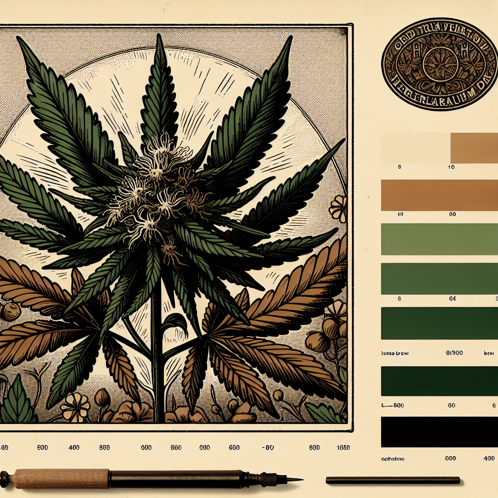 Detailed botanical illustration of a cannabis plant in a vintage almanac style, featuring hand-drawn linework, earthy greens and browns, and a parchment background.