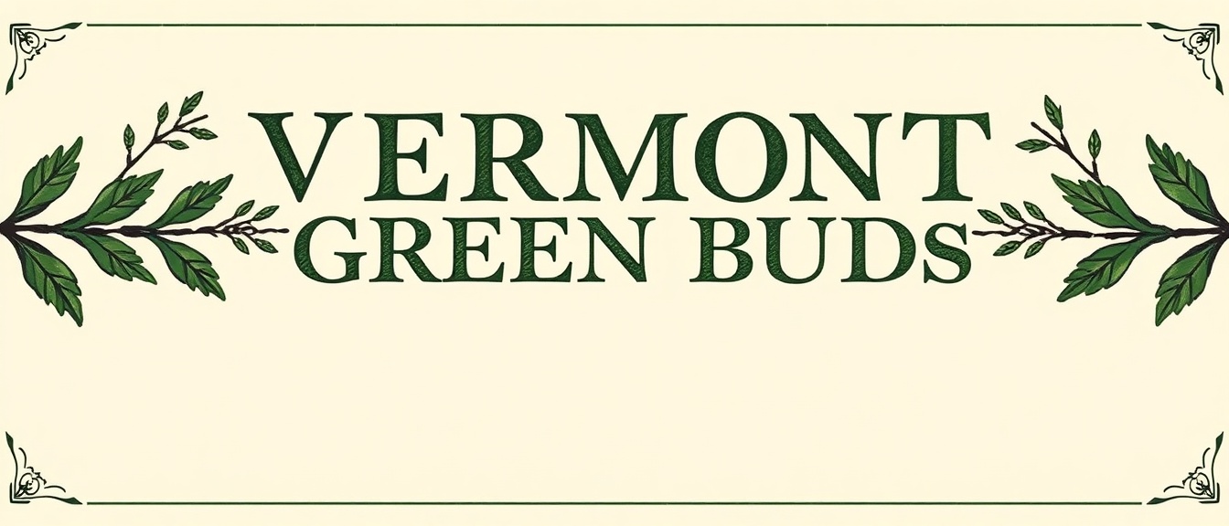 A vintage-style label with 'VERMONT GREEN BUDS' in dark green serif font on a cream background, flanked by hand-drawn green leafy branches and decorative corner flourishes.