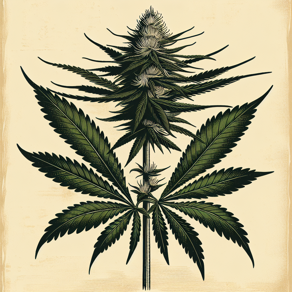 Vintage botanical illustration of a cannabis plant with a prominent bud and fan leaves, rendered in dark green on a textured parchment background.