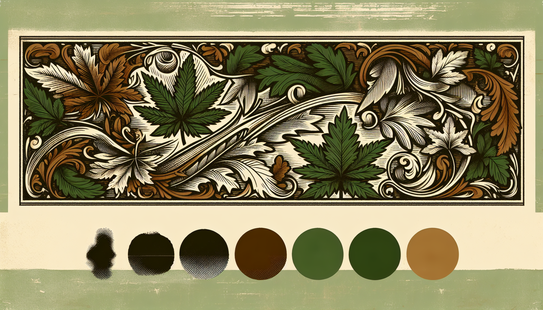 Ornate vintage woodcut-style border featuring cannabis leaves intertwined with botanical scrollwork in forest green, tobacco brown, and cream on a distressed sage background.