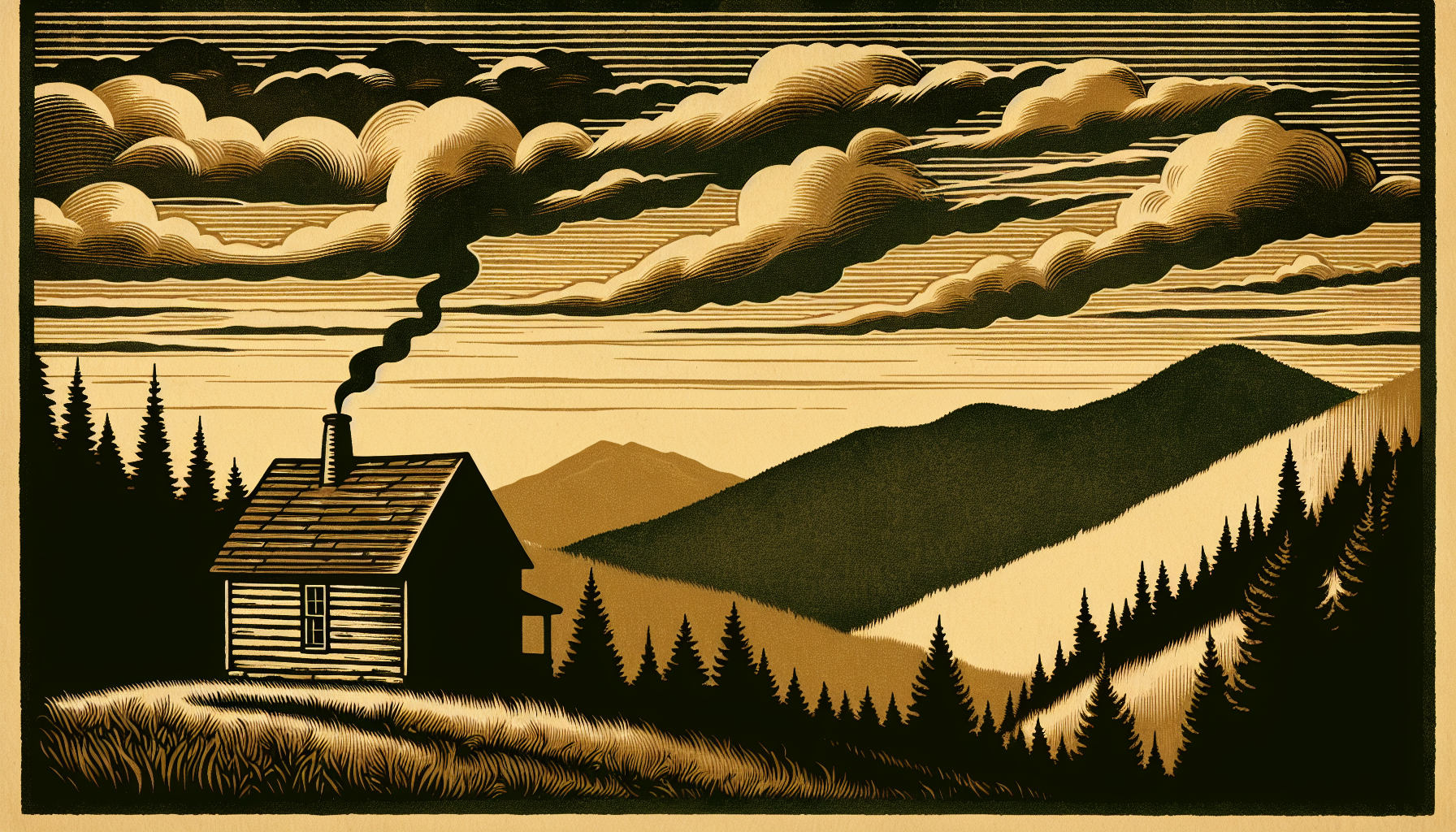 A vintage-style woodcut illustration depicts a rustic cabin with smoke rising from its chimney, nestled among pine trees in a mountainous landscape under a cloudy sky, rendered in sepia and dark green tones.